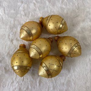 Vintage glass ornaments set of 6 Gold Egg shape Glitter raised design